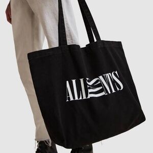 AllSaints Oppose Canvas Distressed Logo Tote, Black and White
